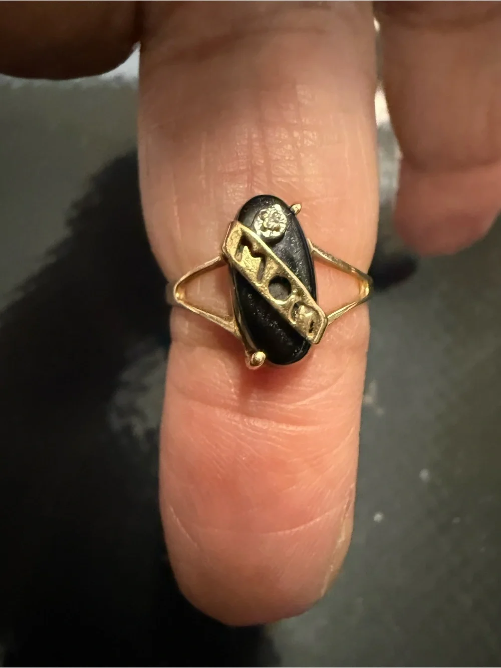 Gold Tone Mom Women's Signet Ring with Black Center Stone 10 karat